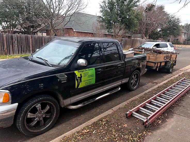 Banegas Tree Service truck with its logo and a trailer loaded with branches